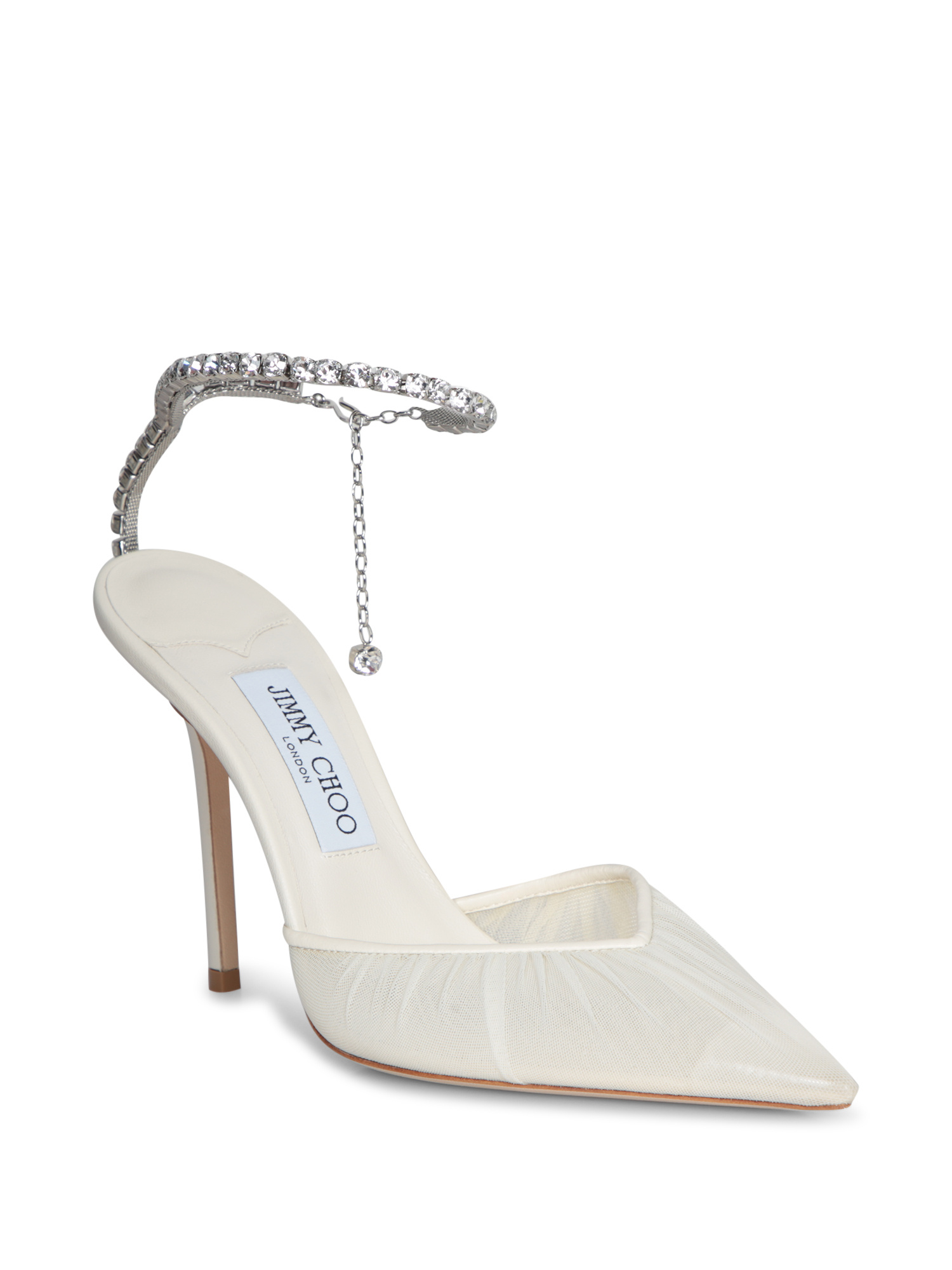 Jimmy Choo Saeda Crystal Ankle Strap Pointed Toe Pump In White