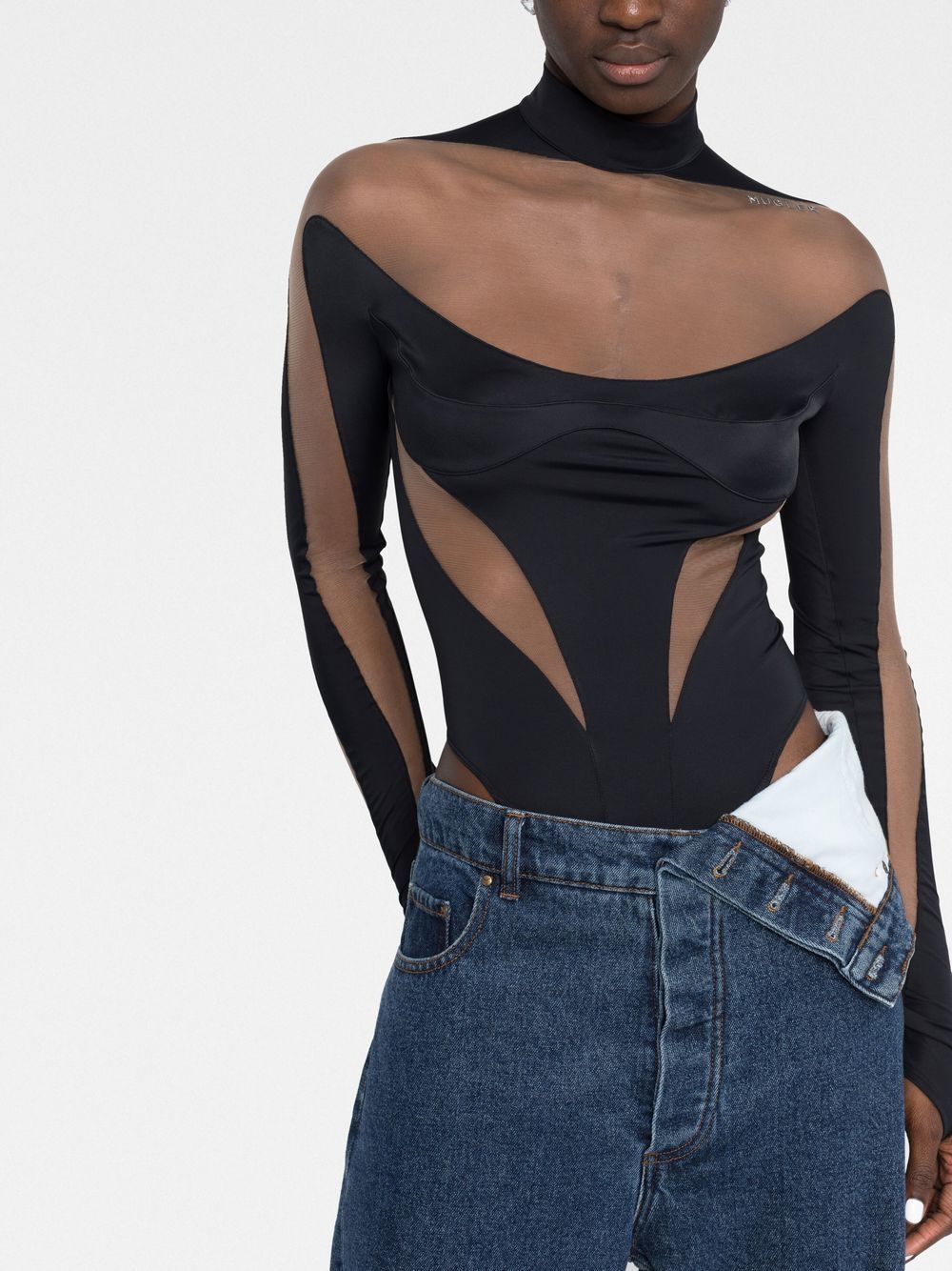 Mugler Star-print Mesh Bodysuit In Black