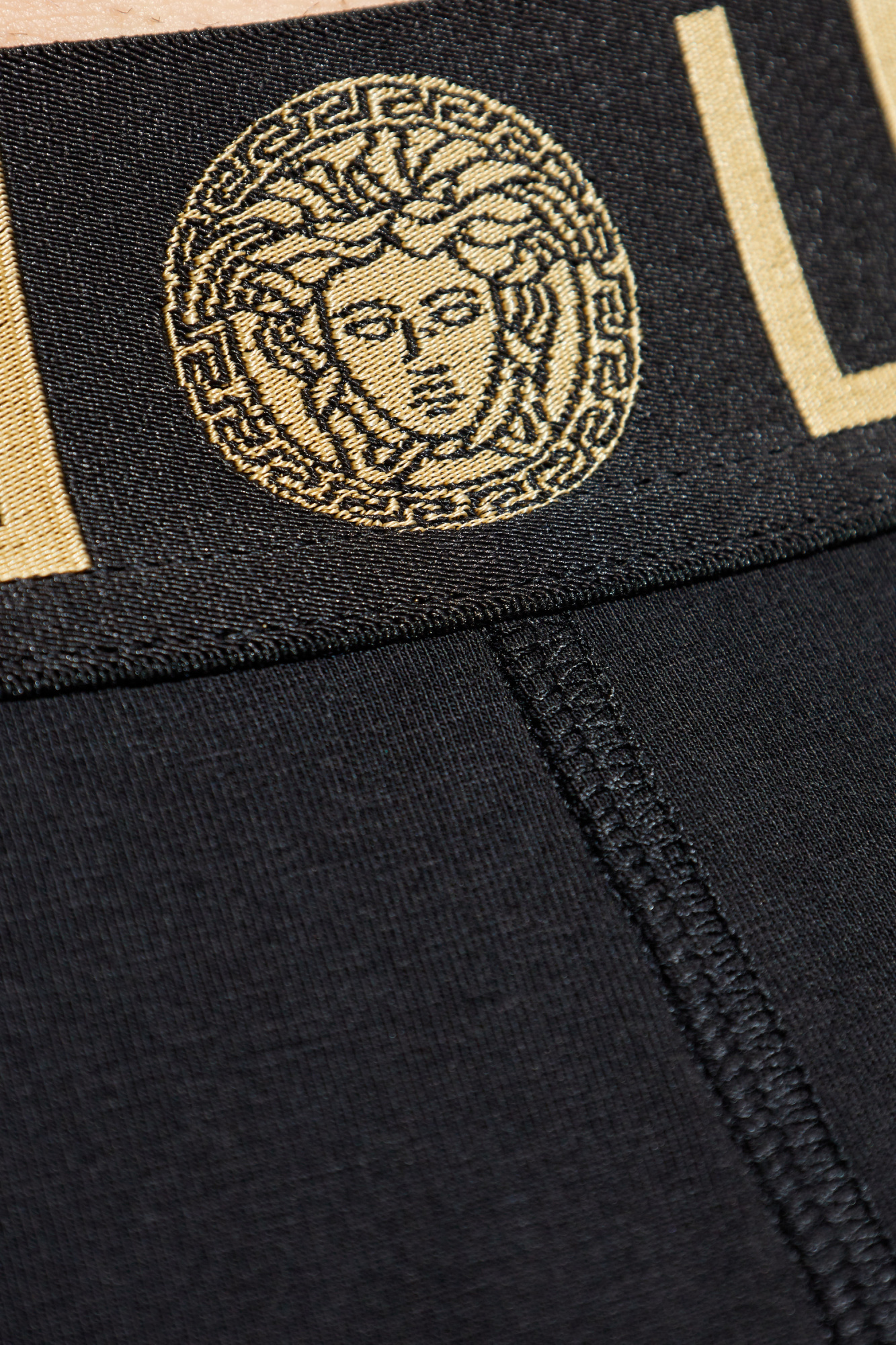 Versace Logo Waistband Stretch Hosiery Greek Key In Black