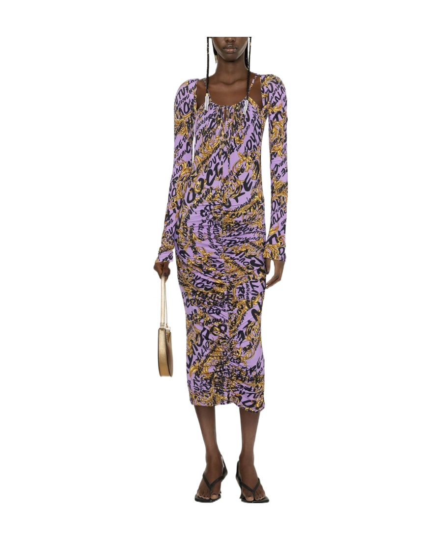 Versace Jeans All-over Logo-print Gathered Dress In Multicolor