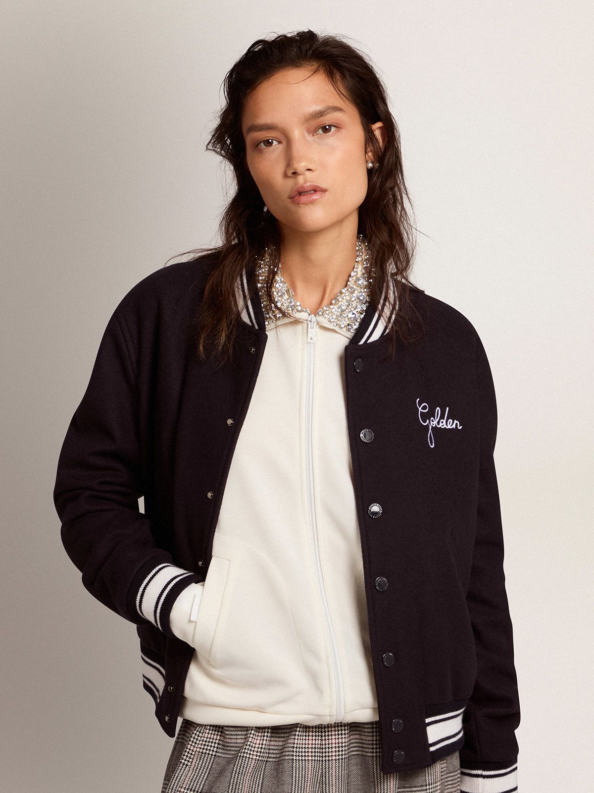 GOLDEN GOOSE GOLDEN GOOSE DELUXE BRAND LOGO EMBROIDERED STRIPED BASEBALL JACKET