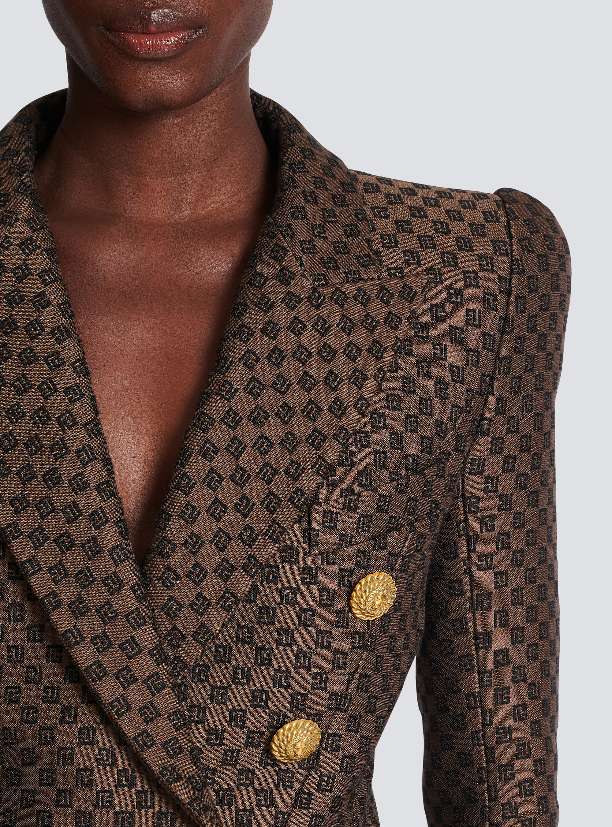 Balmain 8-button Monogram Jacquard Blazer Jacket In Brown