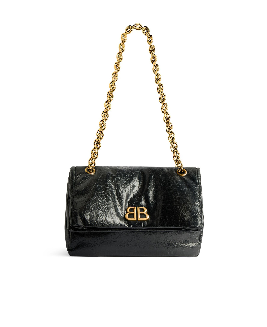 Balenciaga Black Leather Small Monaco Handbag With Chain In Black