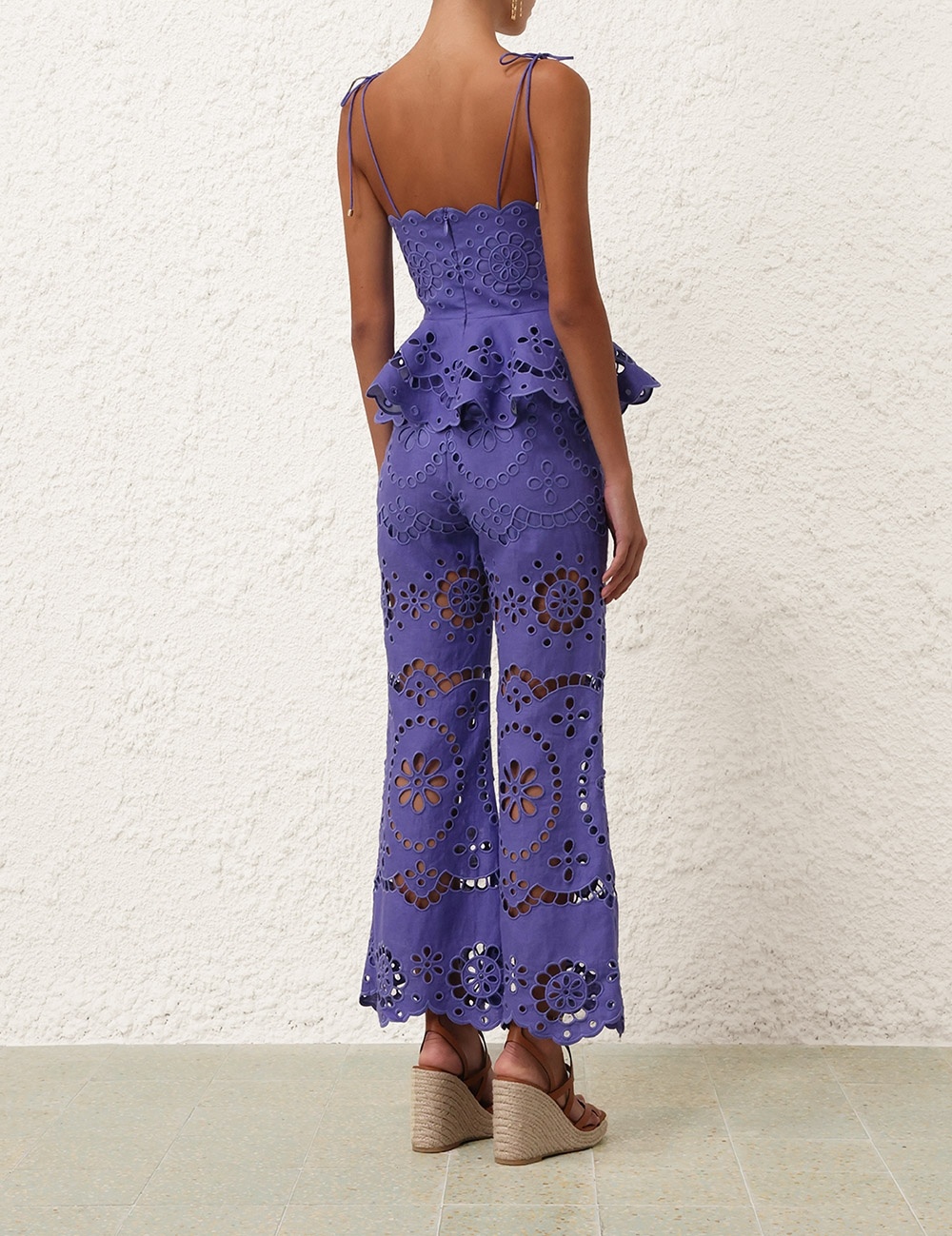 Zimmermann Pop Embroidered Belted Flared Pants In Blue