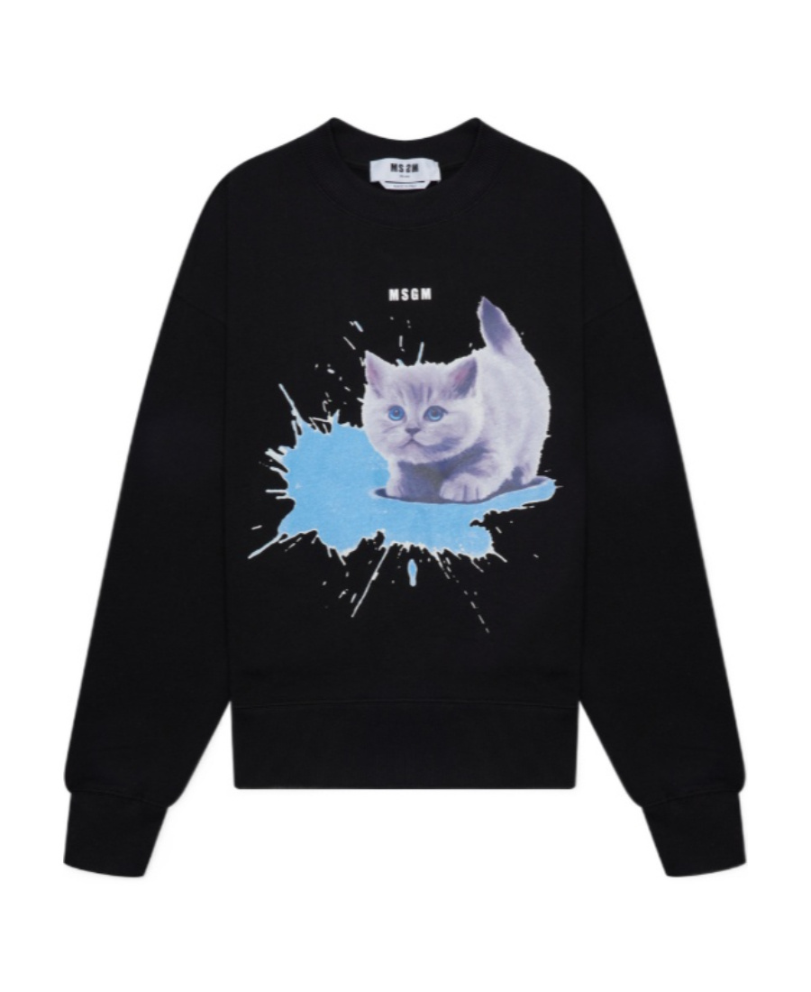 Msgm Kitten Printed Round-neck Sweater In Black