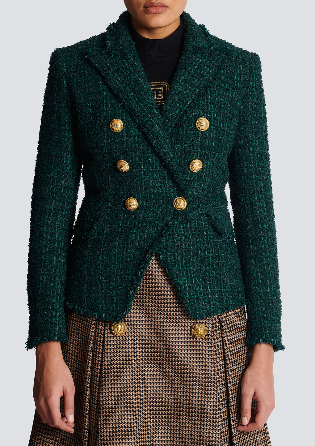 Balmain Tweed Double-breasted Blazer Jacket In Green