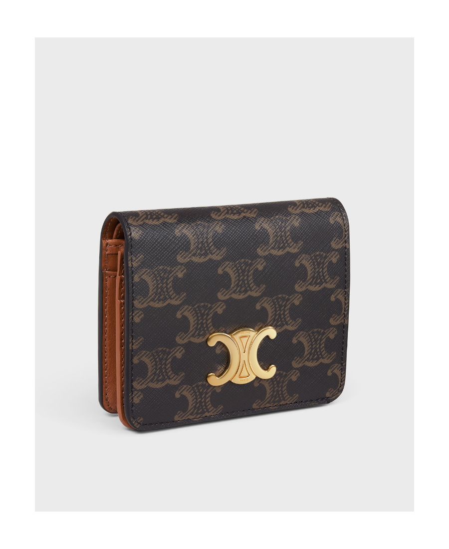 Celine Triomphe Small Wallet In Brown Canvas With Leather Trims For Women In Black