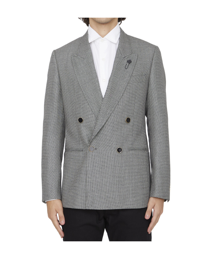 Lardini Double-breasted Jacket In Wool Silk And Linen In Gray