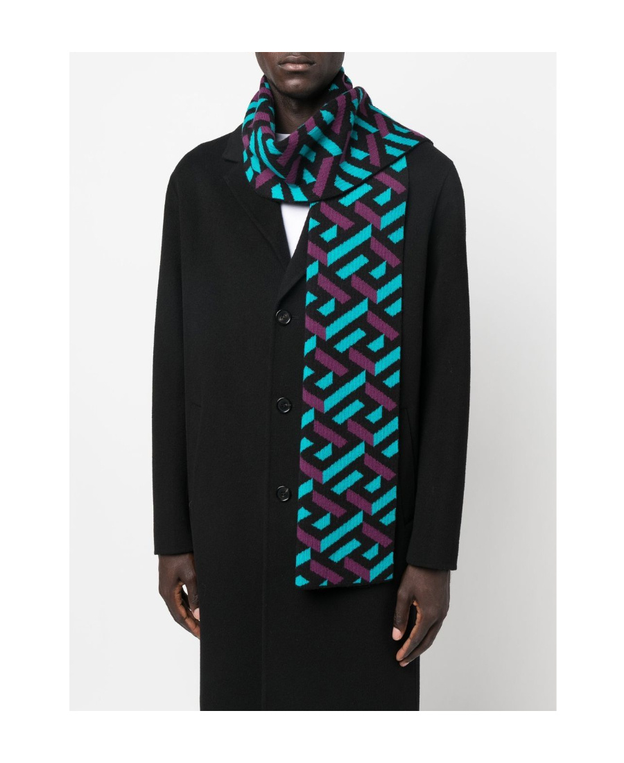 Versace Intarsia-pattern Wool Scarf In Black
