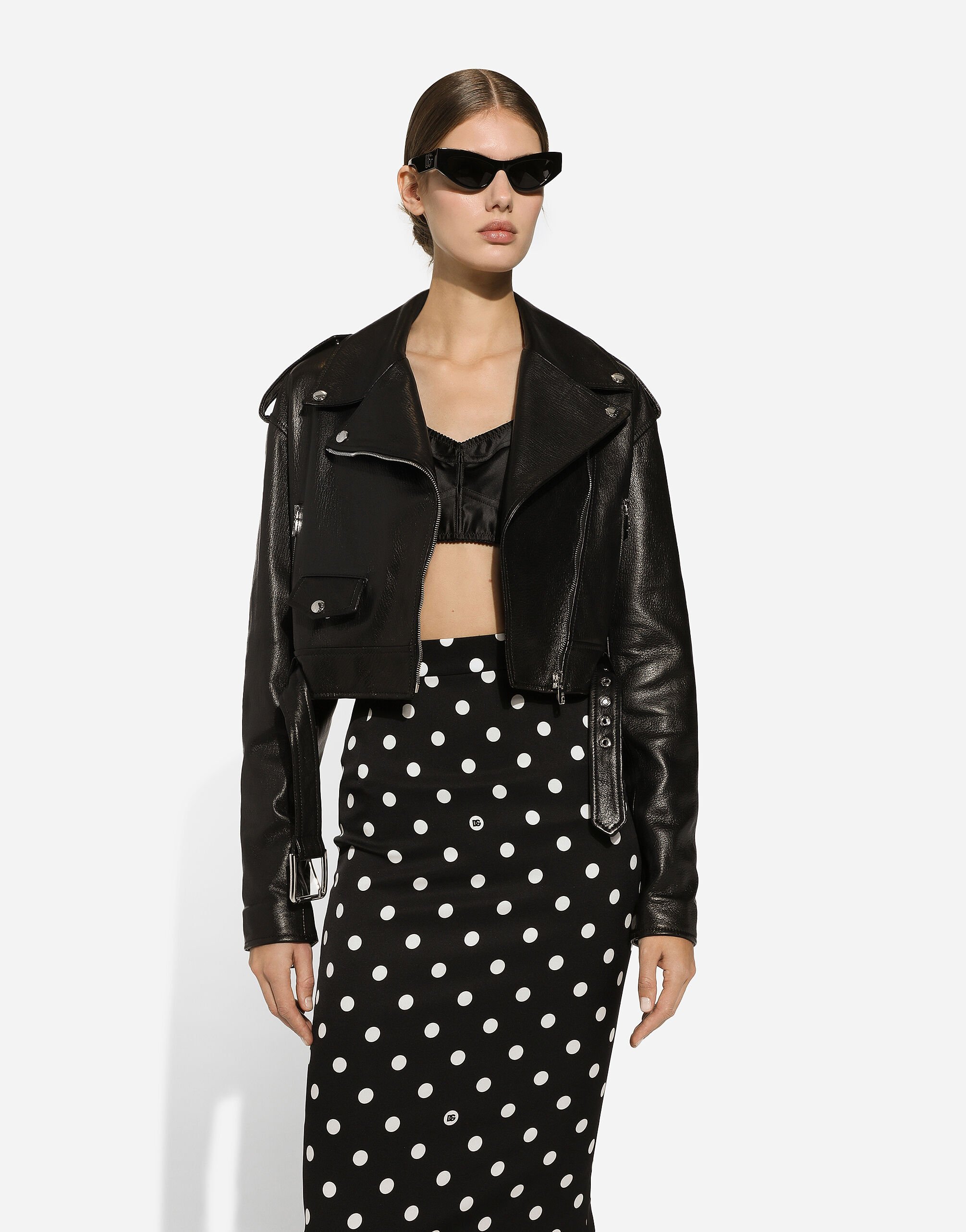 Dolce & Gabbana Cropped Leather Biker Jacket In Black