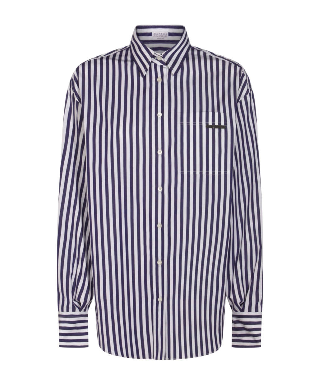 Brunello Cucinelli Striped Long Sleeve Top With Chest Pocket In Blue