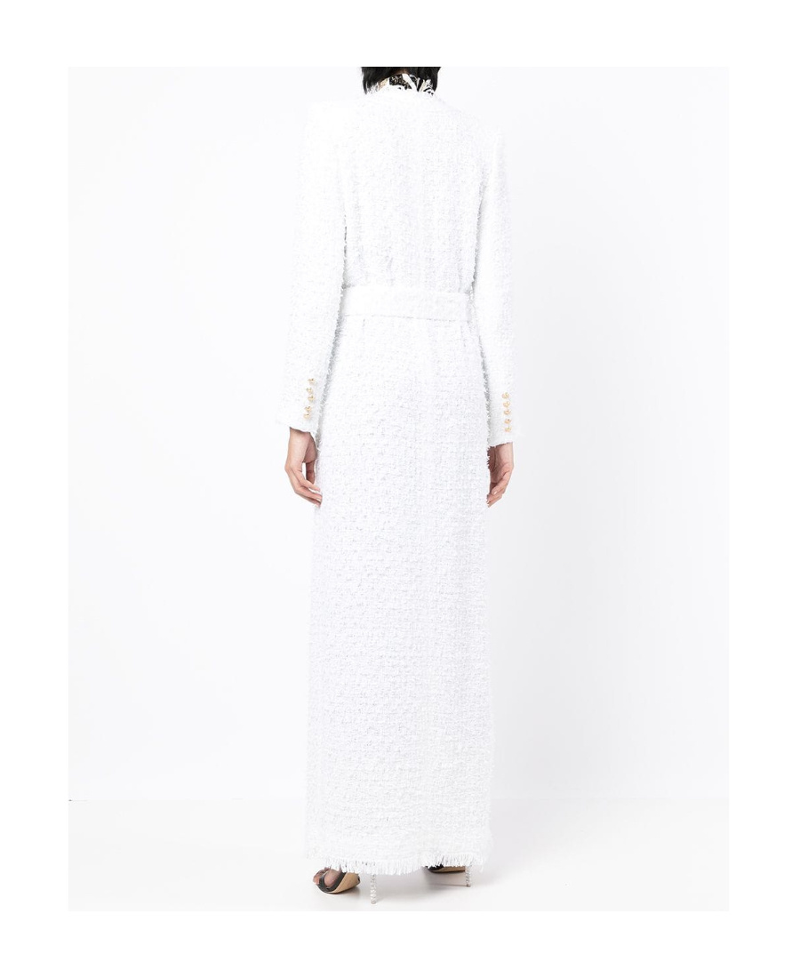 Balmain Tweed Coat With Girdle In White