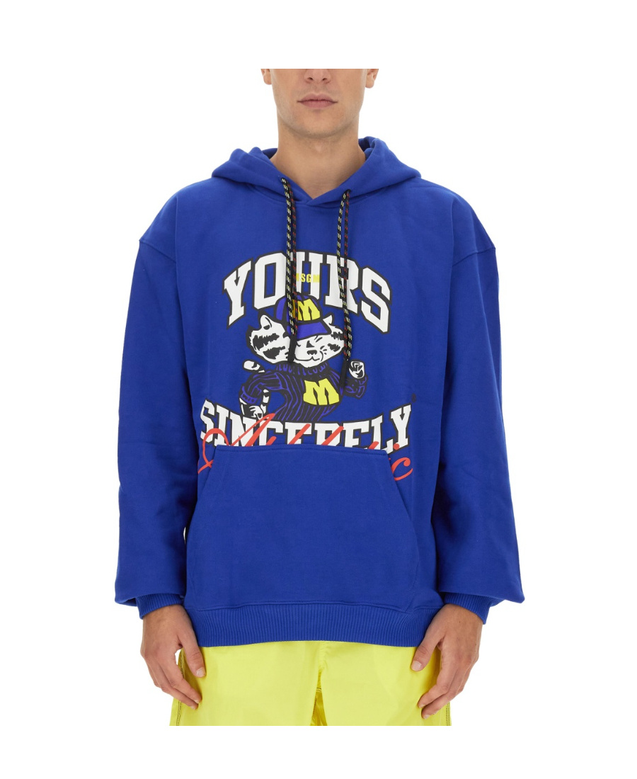 Msgm Graphic Print Hooded Sweatshirt With Kangaroo Pocket In Blue