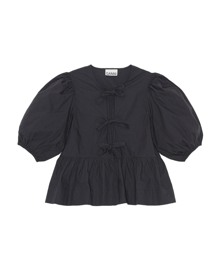 Ganni Poplin Front-tie Peplum Blouse With Puffed-sleeves In Black