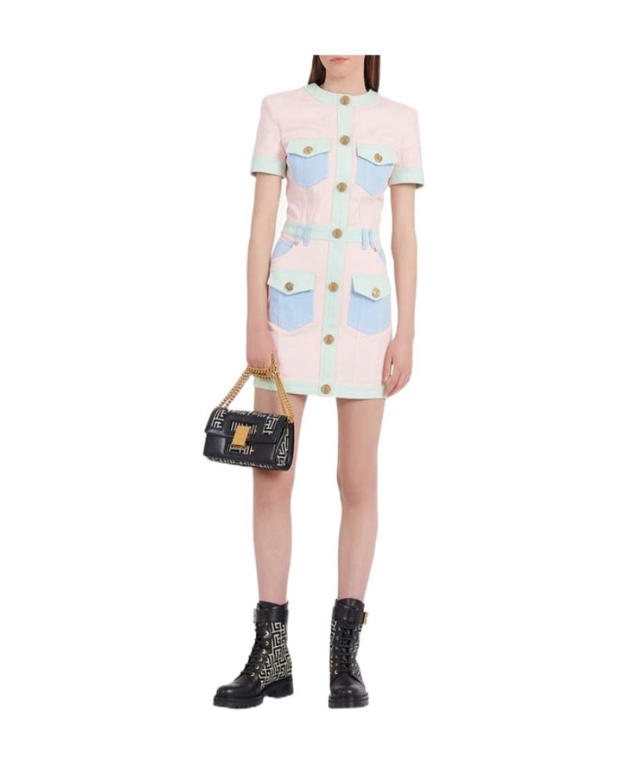 Balmain Multi-panel Short-sleeve Denim Dress In Pink