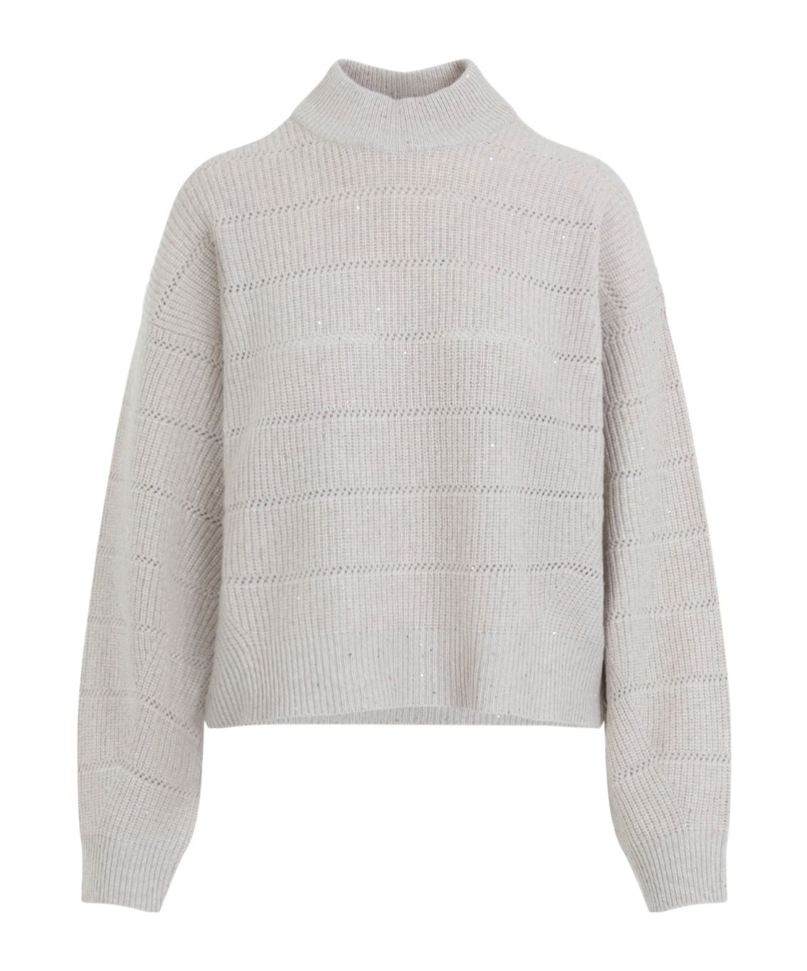 Brunello Cucinelli Beige Cashmere Mock Neck Lana Cashmire Stripe Pullover