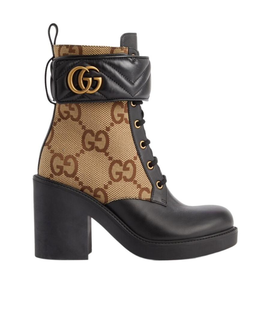 Gucci Beige & Black Gg Marmont Ankle Boots In Green