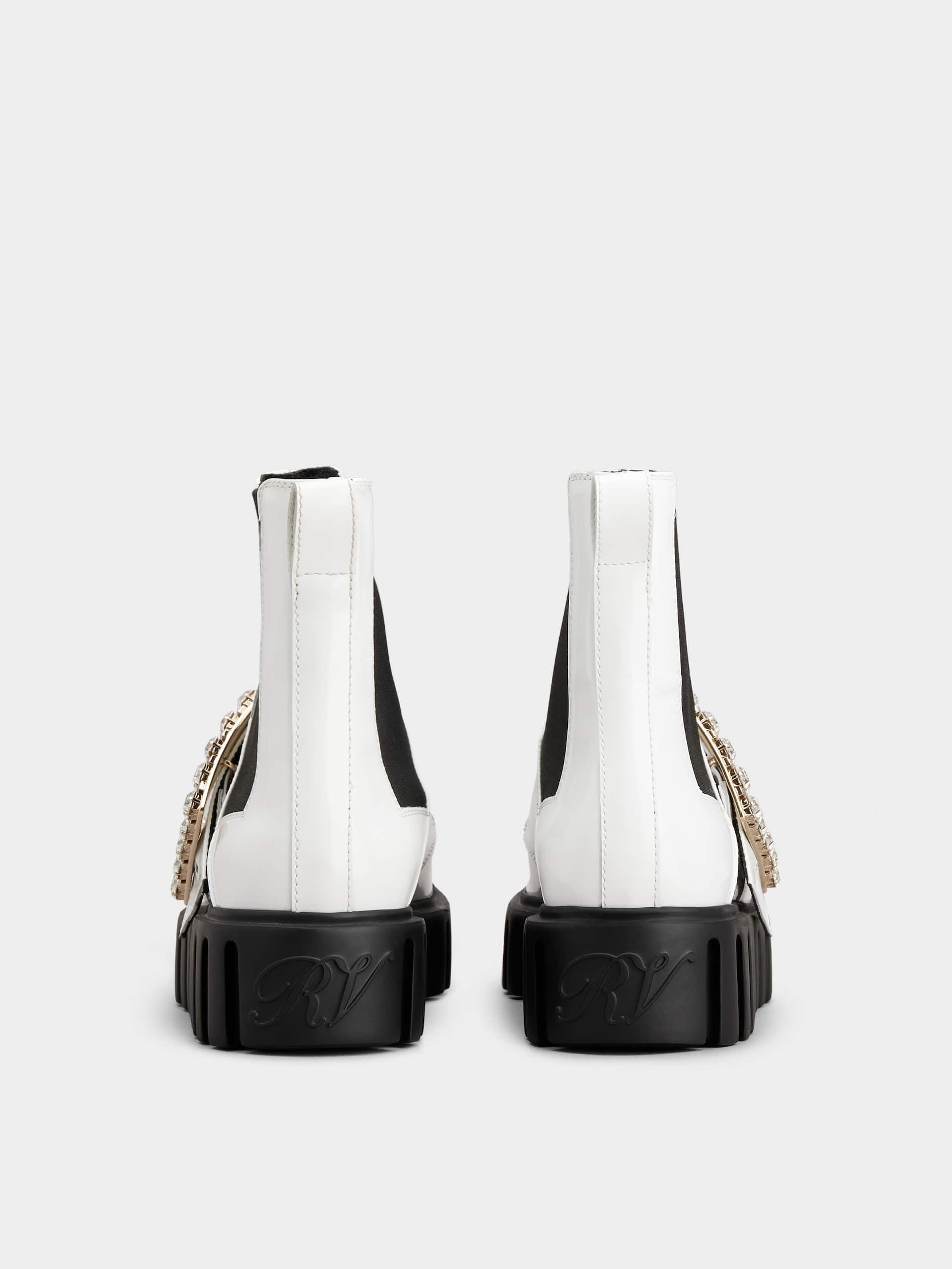 ROGER VIVIER VIV' GO-THICK STRASS BUCKLE CHEALSEA ANKLE BOOTS IN PATENT LEATHER