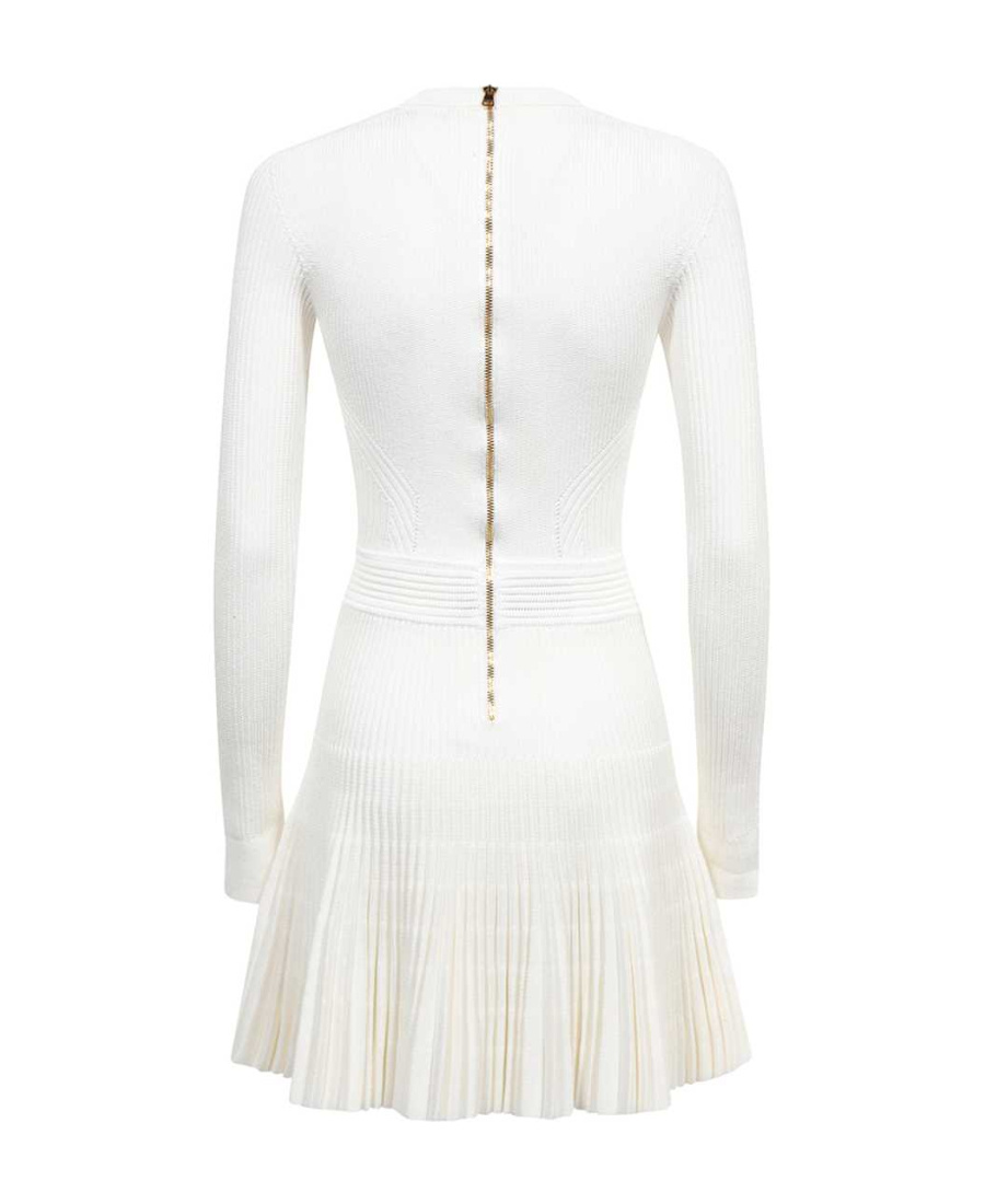 Balmain Ribbed Knit Flared Mini Dress In White