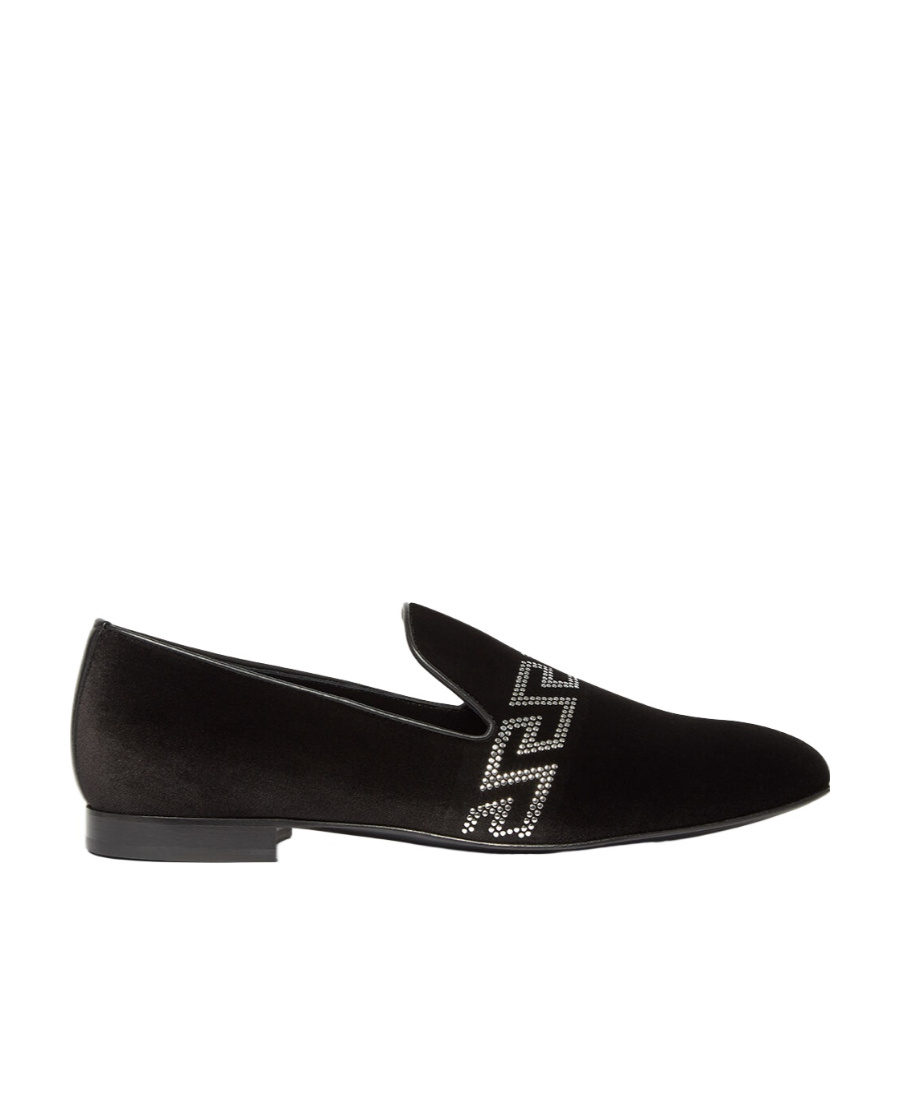 Versace Studded Greca Velvet Loafers In Black