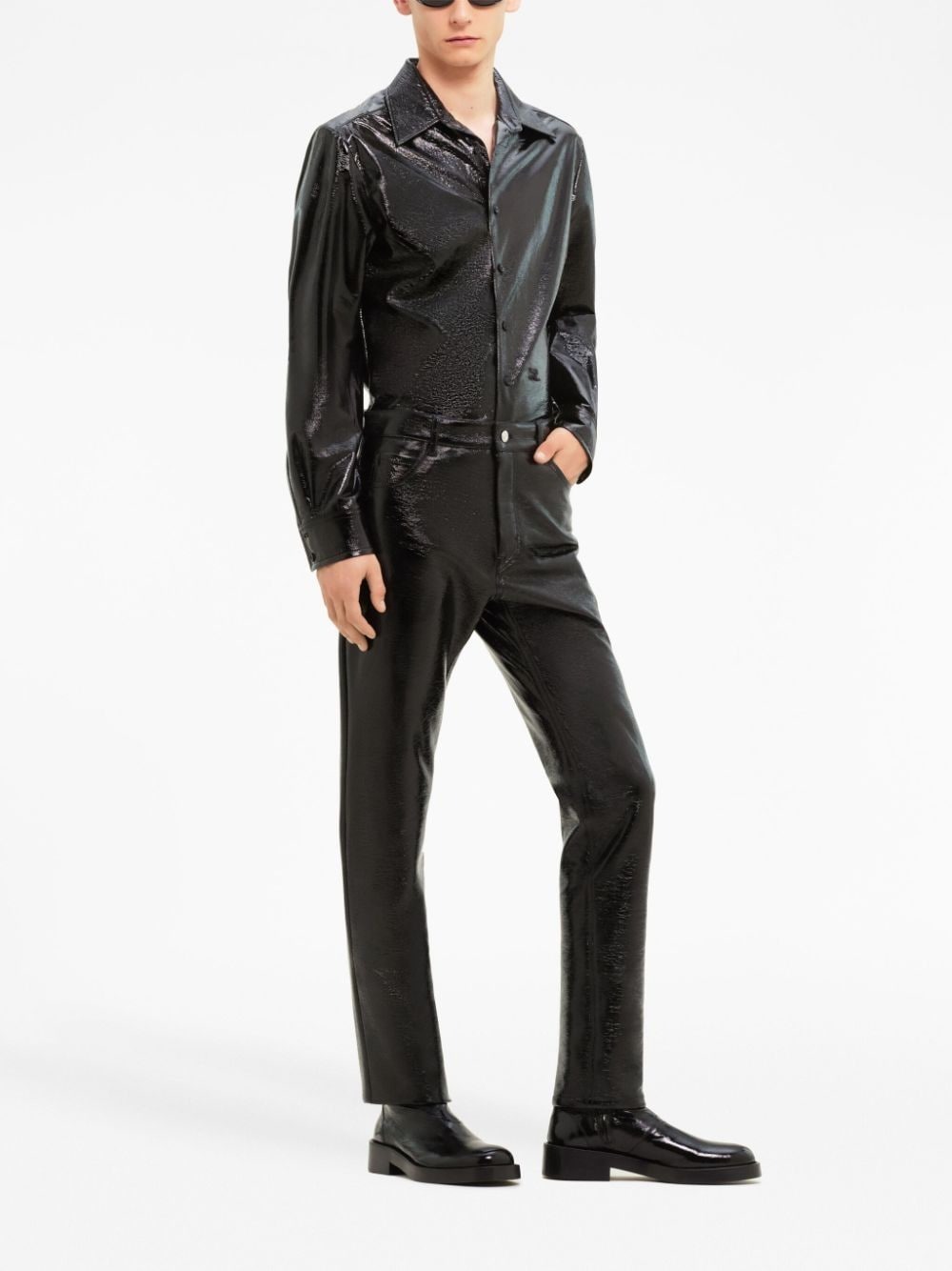 Shop Courrèges Faux-leather Button-up Shirt In Black