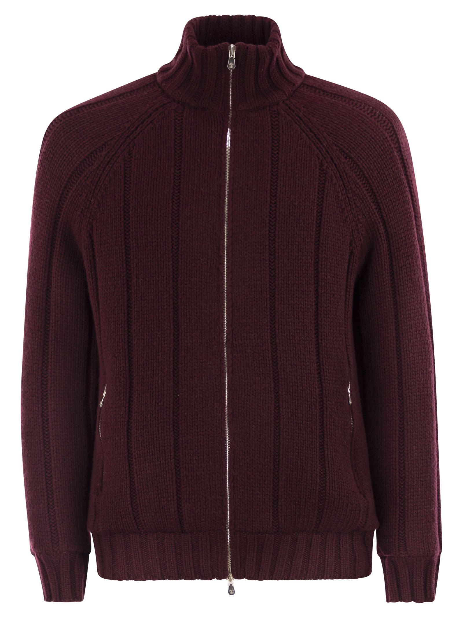 Brunello Cucinelli Men Cashmere Knit Down Jacket With Zip In Burgundy