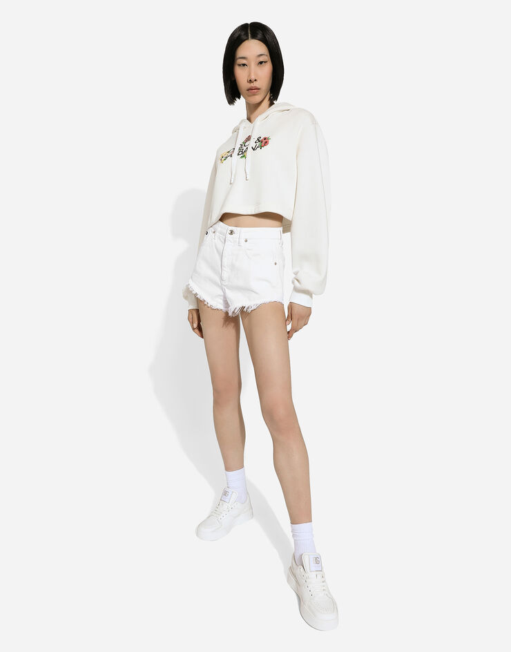 Dolce & Gabbana Floral Logo-print Cropped Cotton Hoodie In White