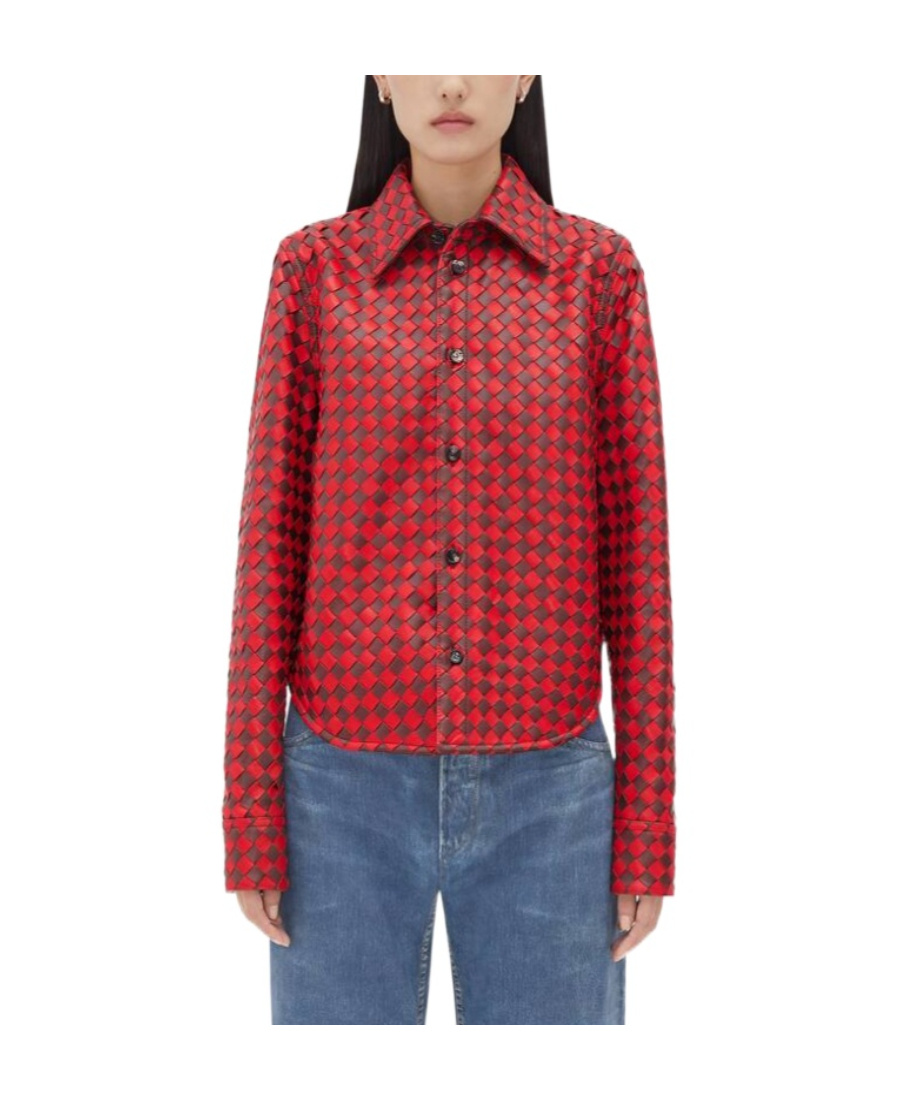 Bottega Veneta Two-tone Intrecciato Leather Shirt In Red
