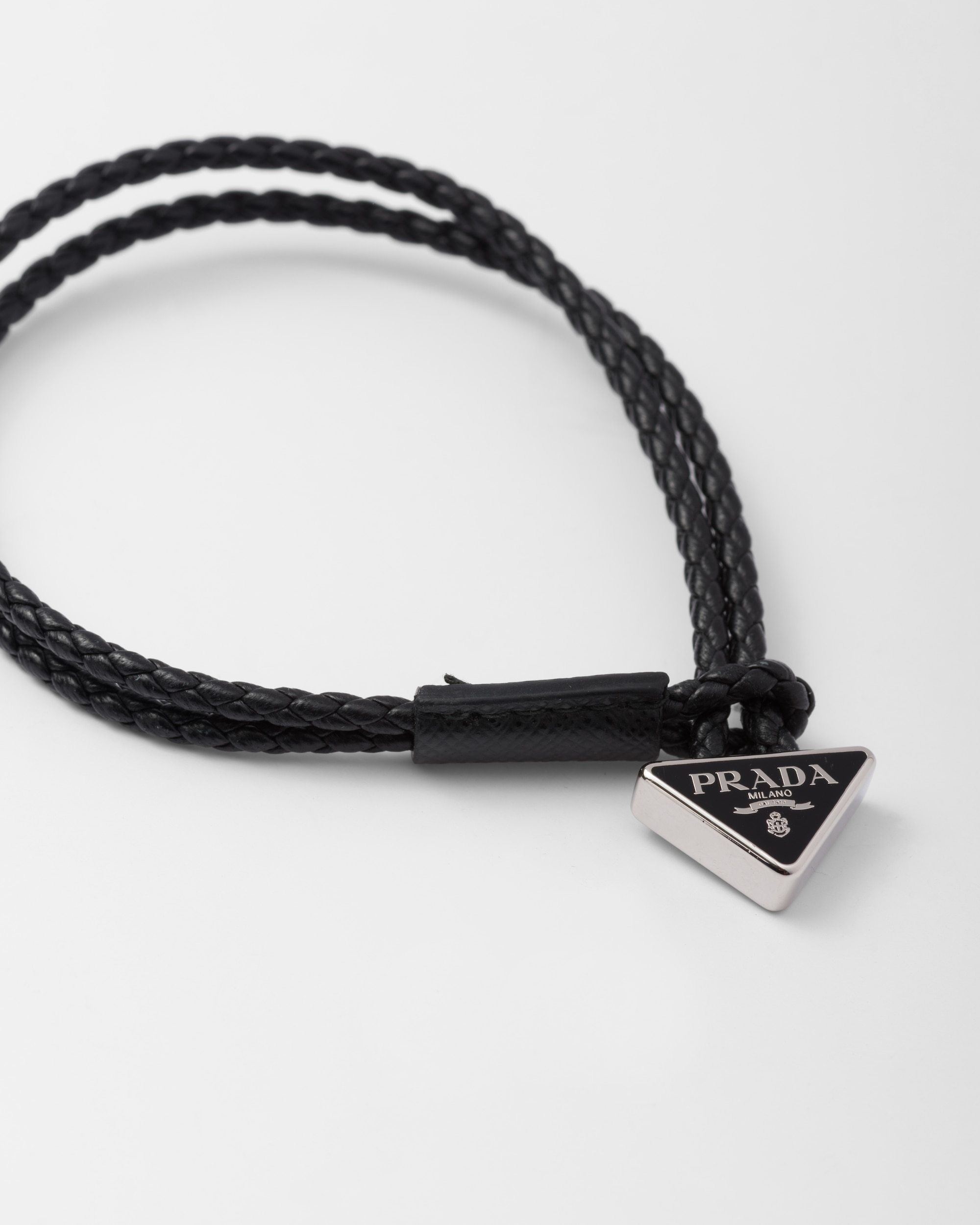 Prada Braided Logo Plaque Bracelet In Black