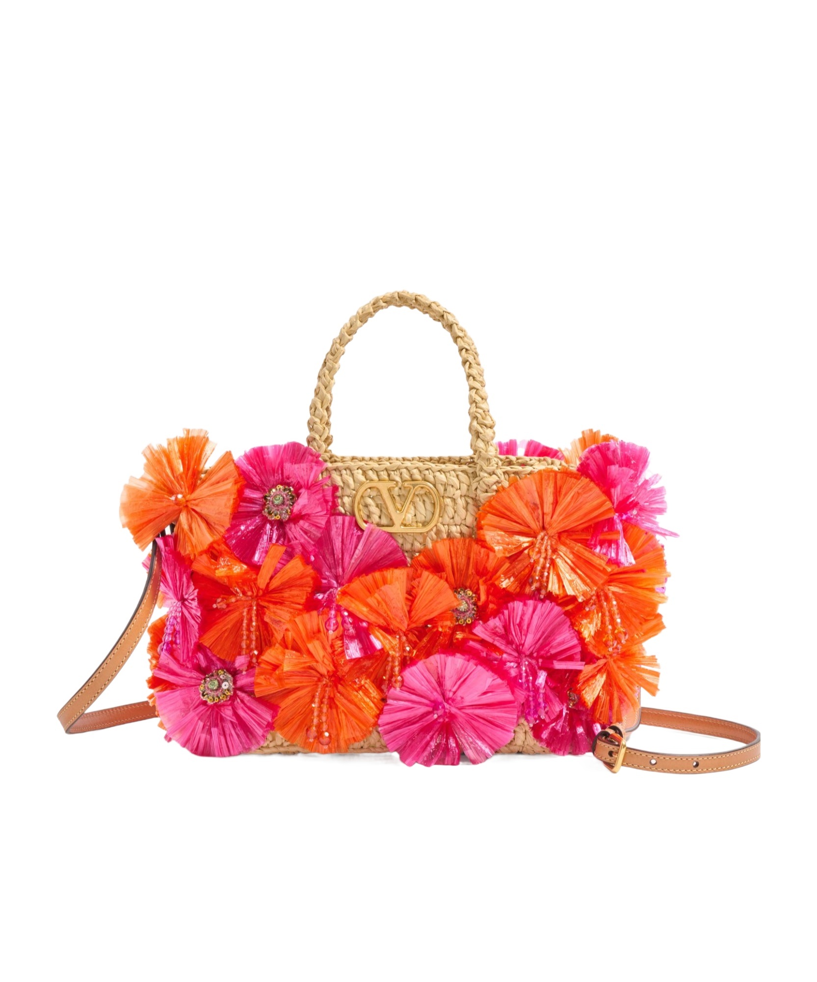 Valentino Borsa Shopping Vlogo Signature In Rafia Decorata  Donna In Natural/red