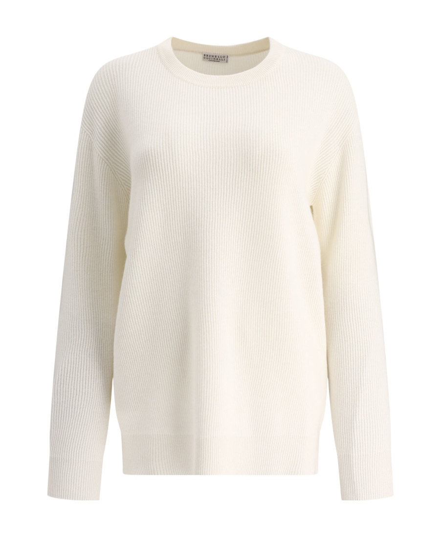 Brunello Cucinelli Cashmere English Rib Sweater With Monili Knitwear White In Neutral