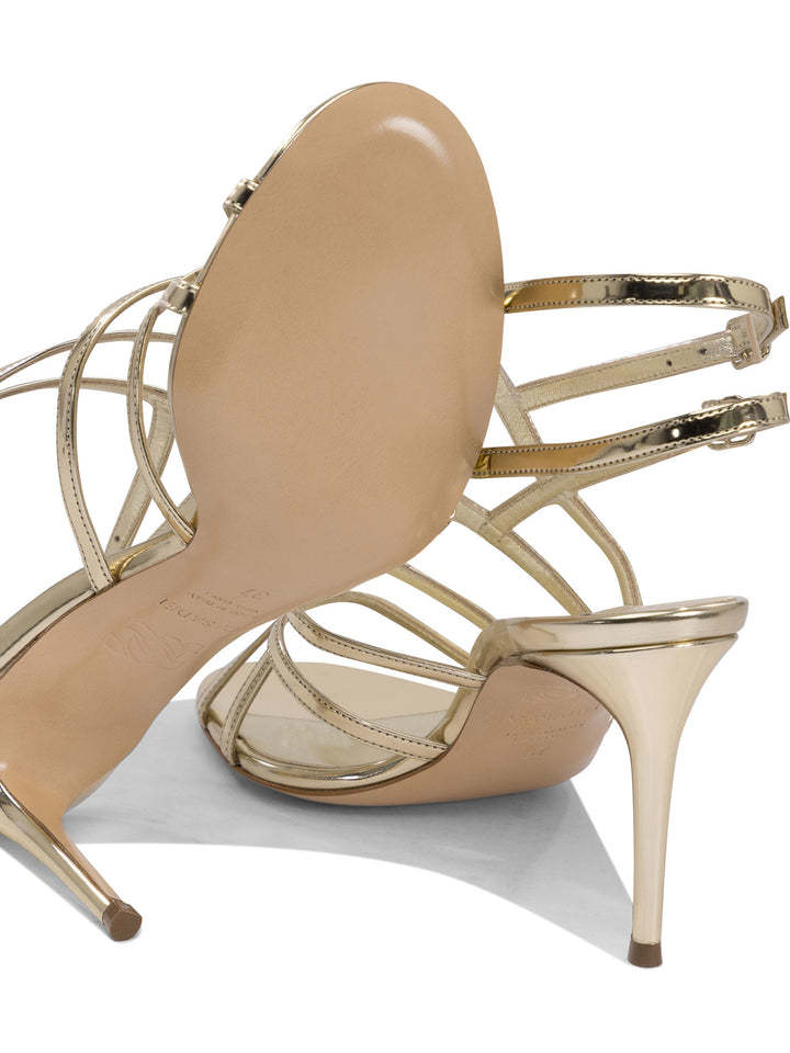 Casadei Julia 80 Metallic Leather Cage Sandals In Gold