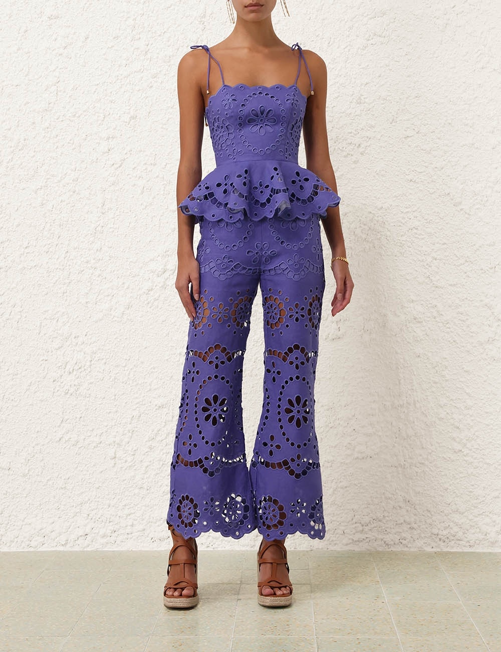 Zimmermann Pop Embroidered Belted Flared Pants In Blue