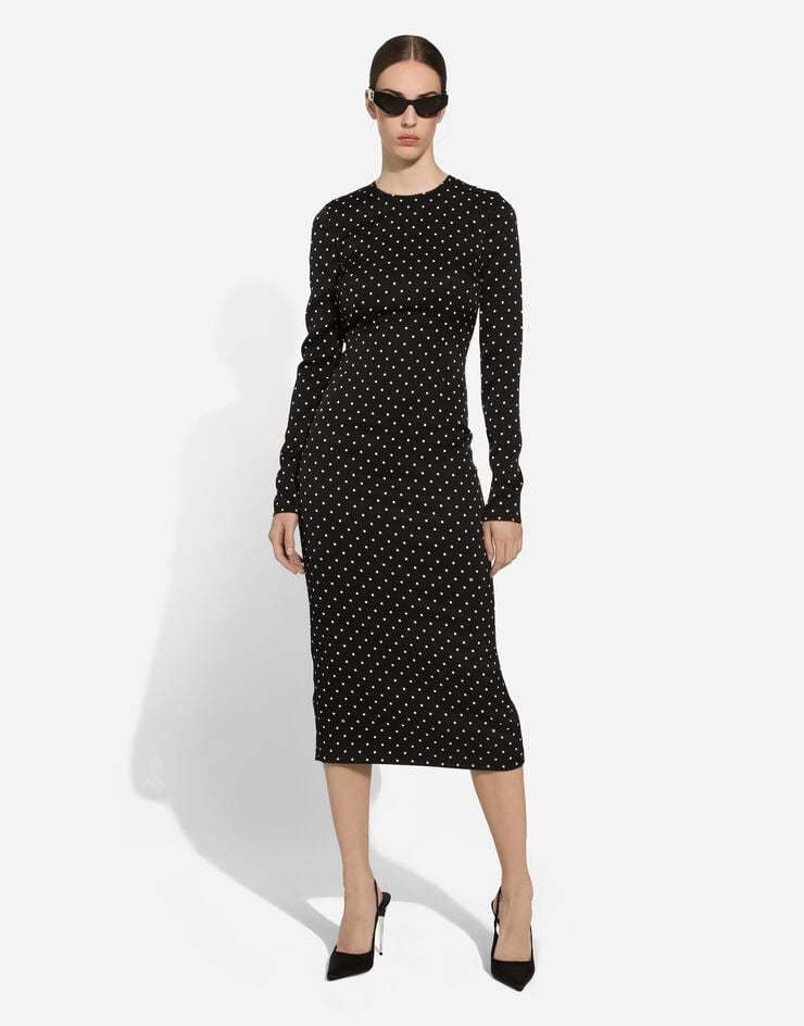 Dolce & Gabbana Charmeuse Calf-length Sheath Dress With Polka-dot Print In Black