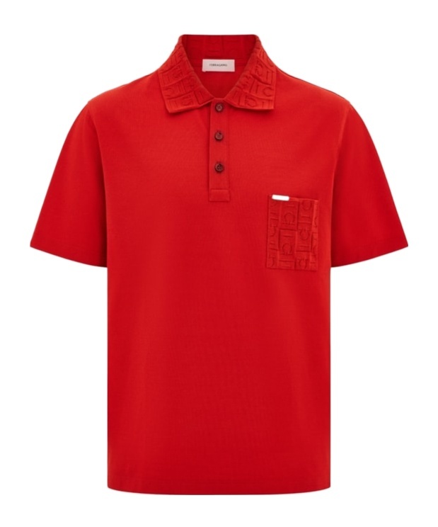 Ferragamo V-neck Polo With Jacquard Pocket Detail In Red