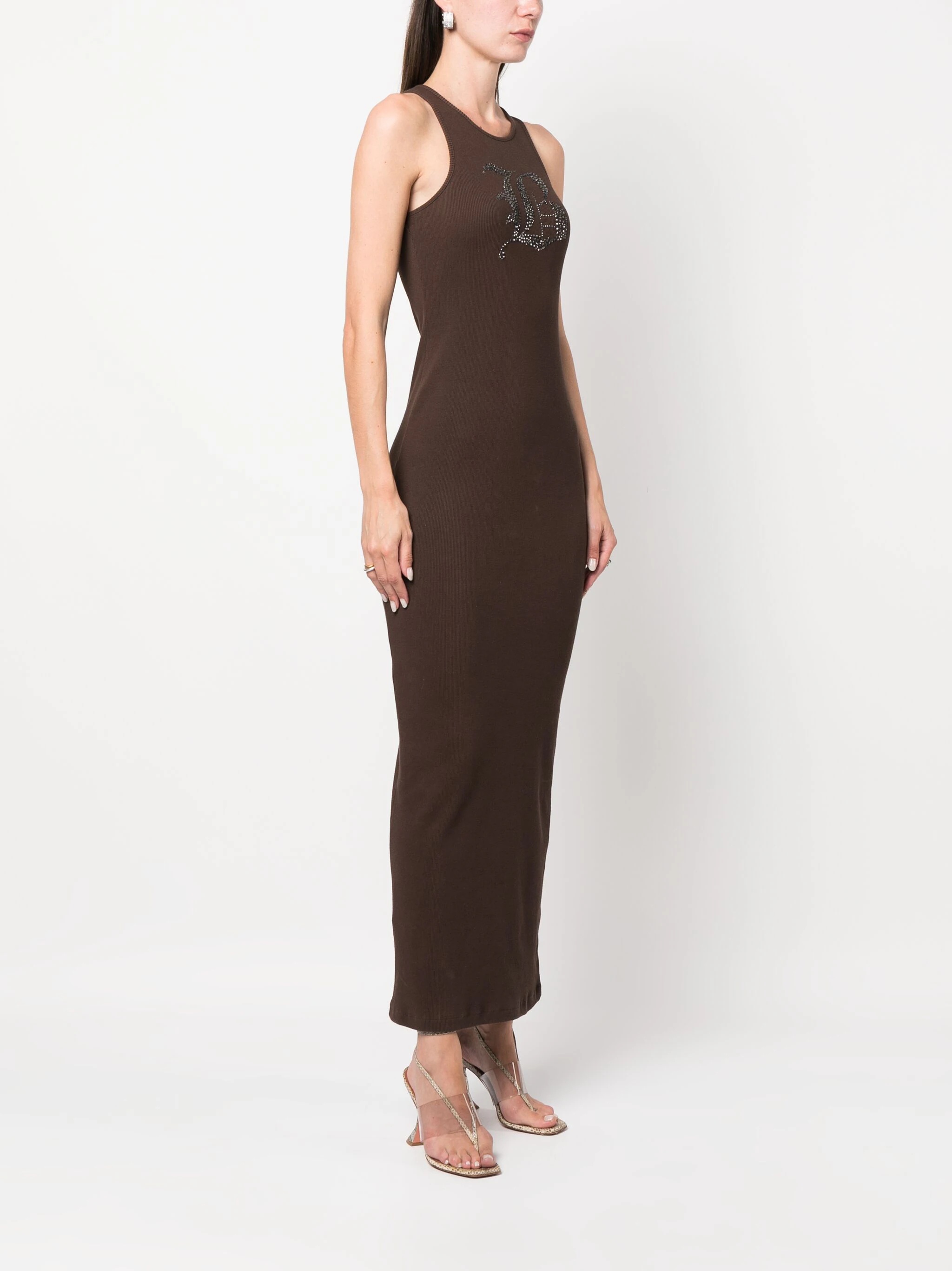 Blumarine Rhinestone-logo Midi Dress In Brown