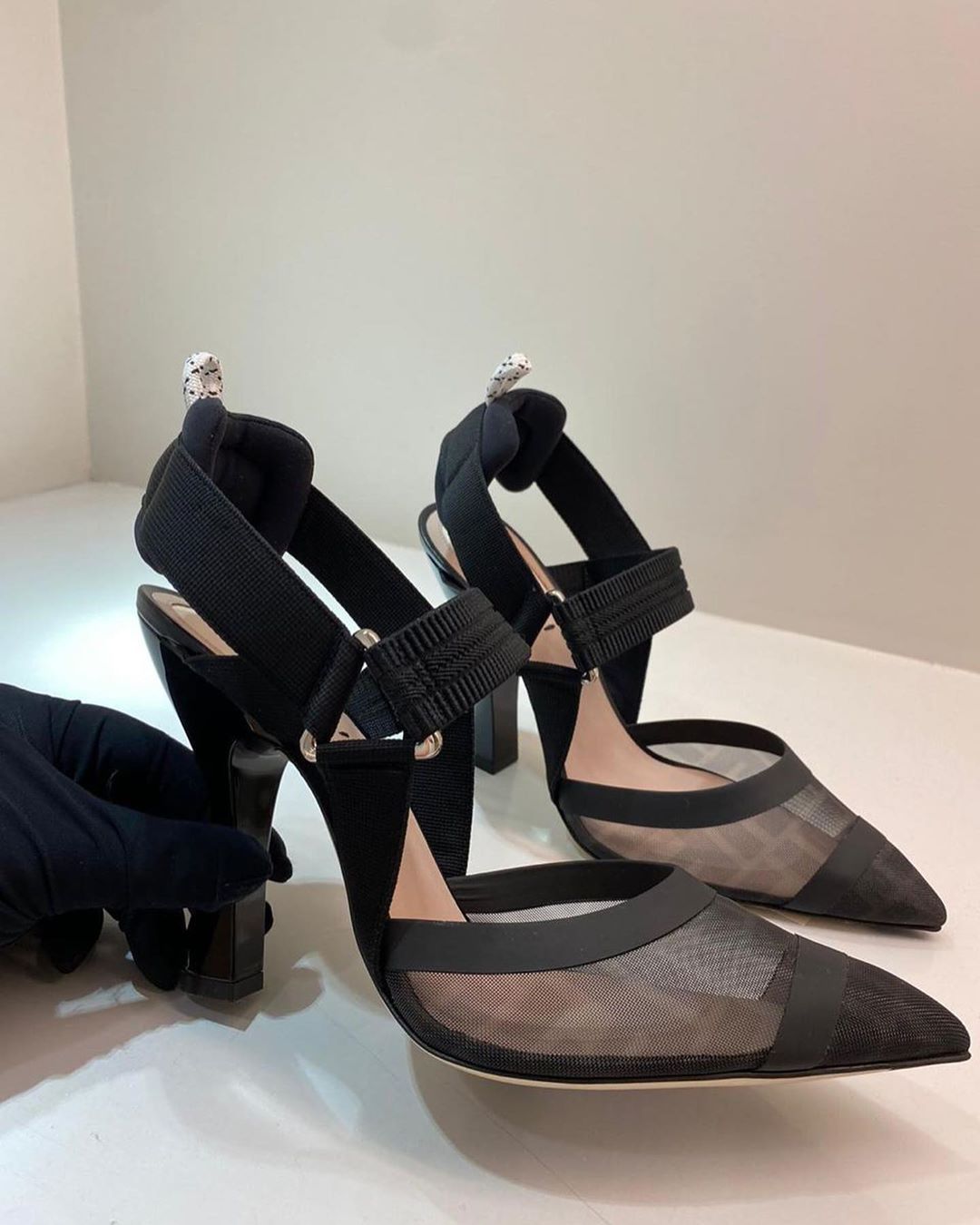 Shop Fendi Black Leather And Mesh, High-heeled Slingbacks