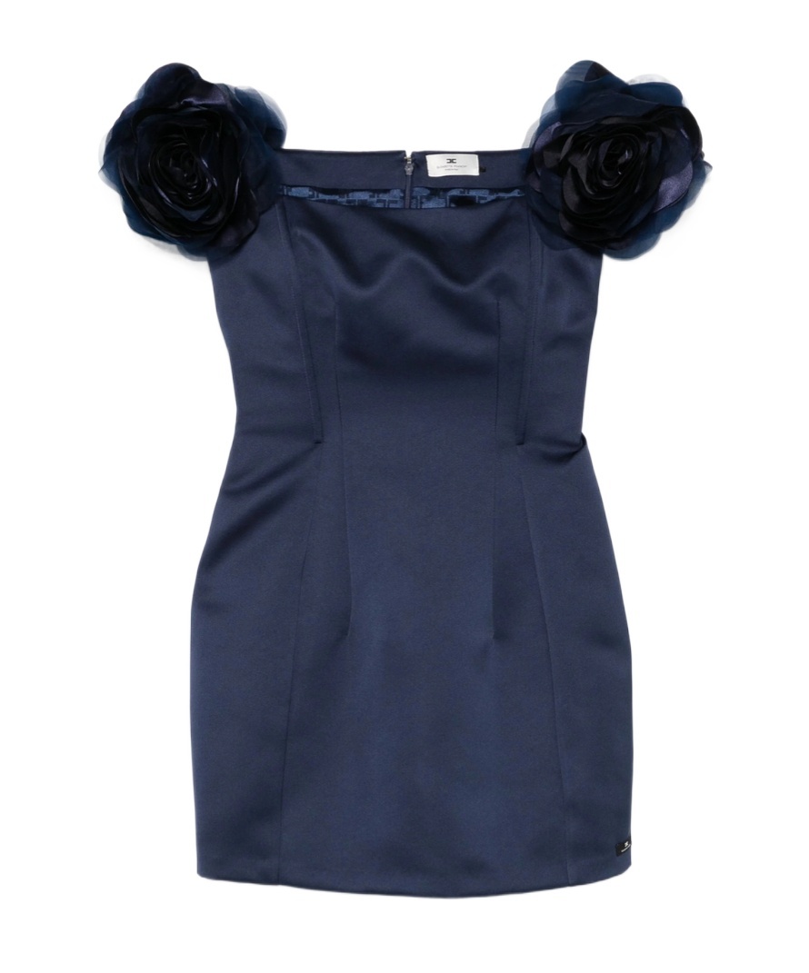 Elisabetta Franchi Floral-appliqué Duchess Satin Mini Dress In Blue