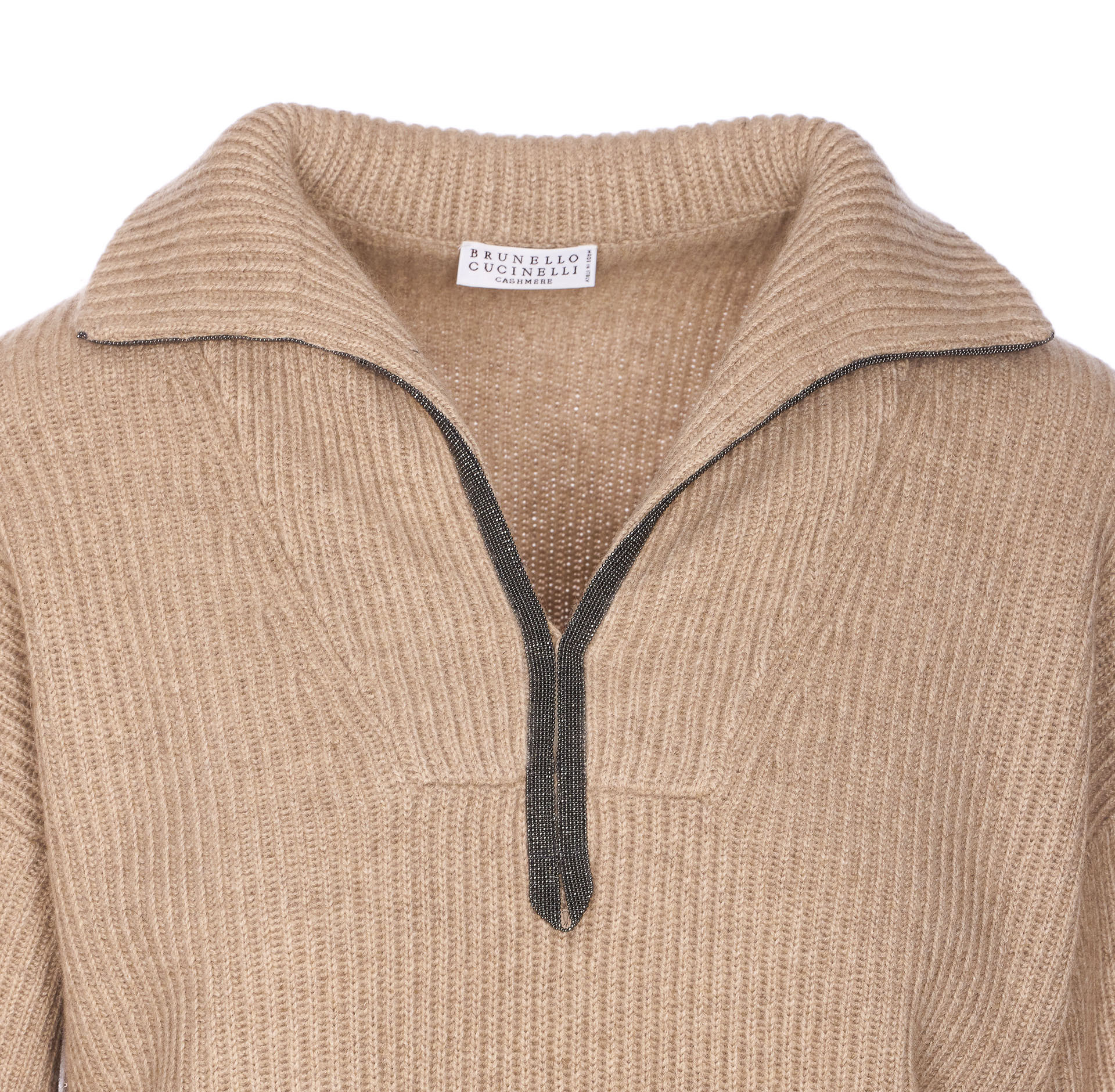 Brunello Cucinelli Ribbed Cashmere Deep-v Monili Trim Pullover In Brown