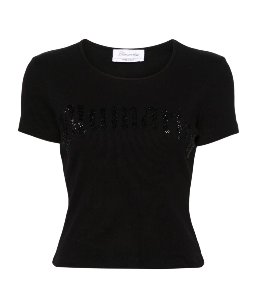 Blumarine Women Logo Ribbed Cotton Cropped T-shirt In Black