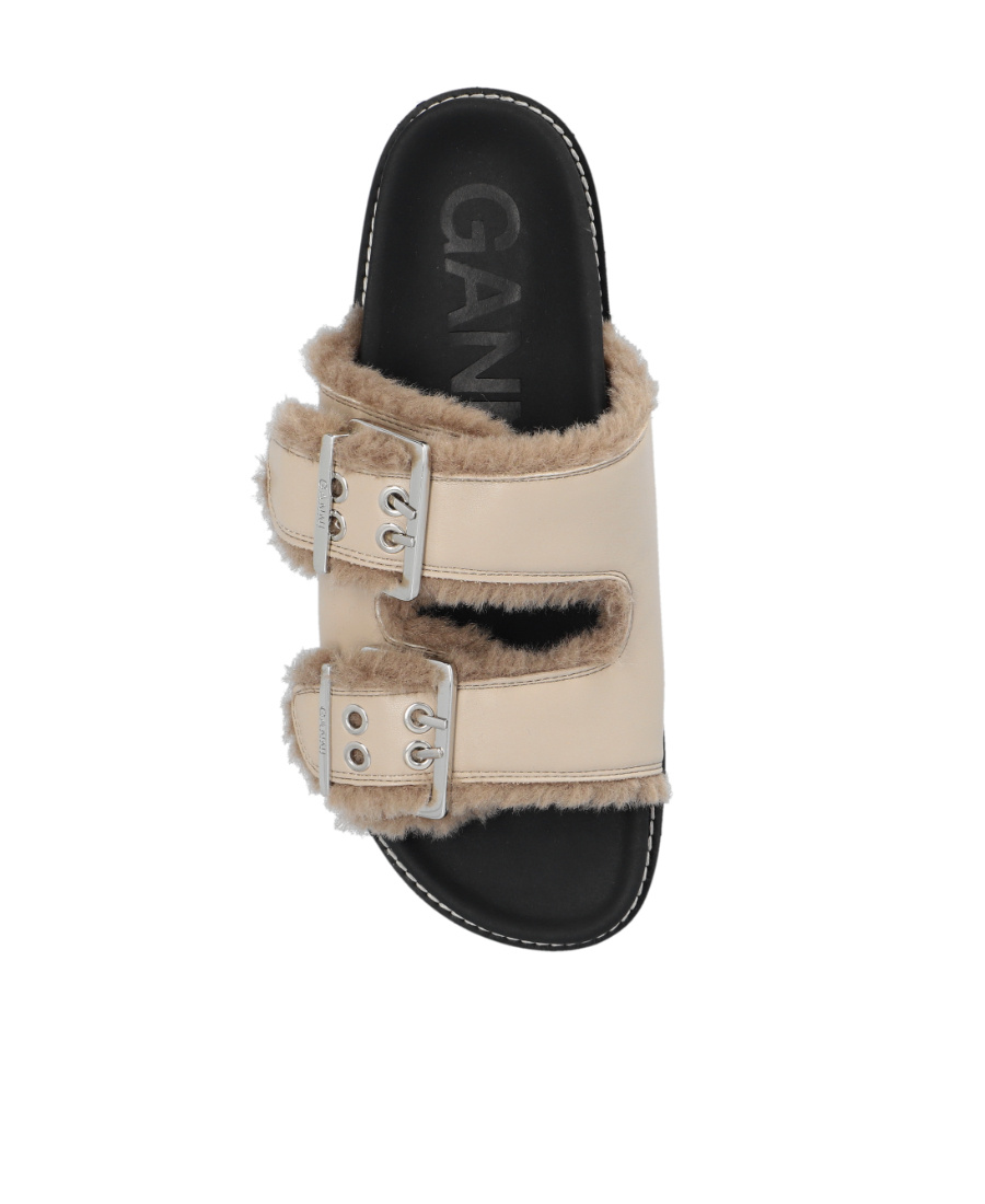Ganni Taupe Feminine Buckle Flat Sandals In Black
