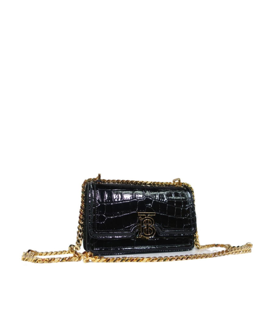 Burberry Small Tb Monogram Croc Embossed Leather Shoulder Bag In Black