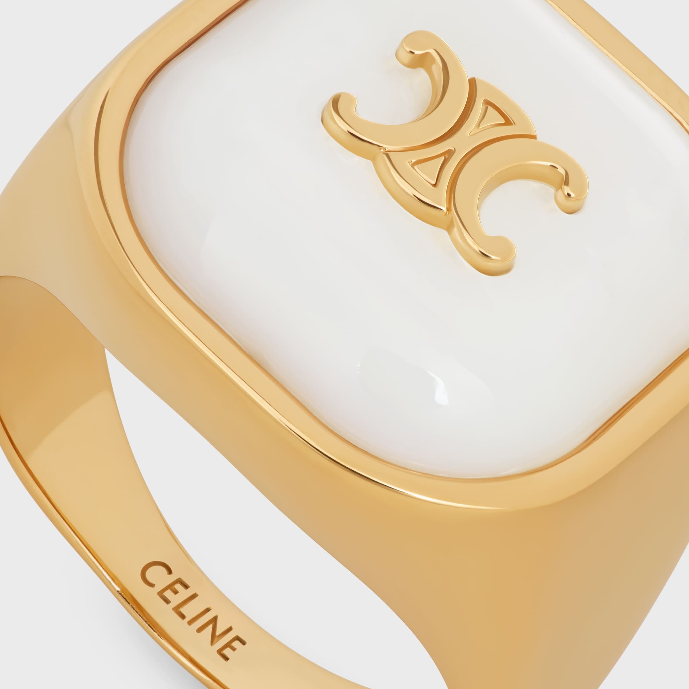 Celine Triomphe Signet Ring In Mother Of Pearl And Brass With Gold Finish In Multi