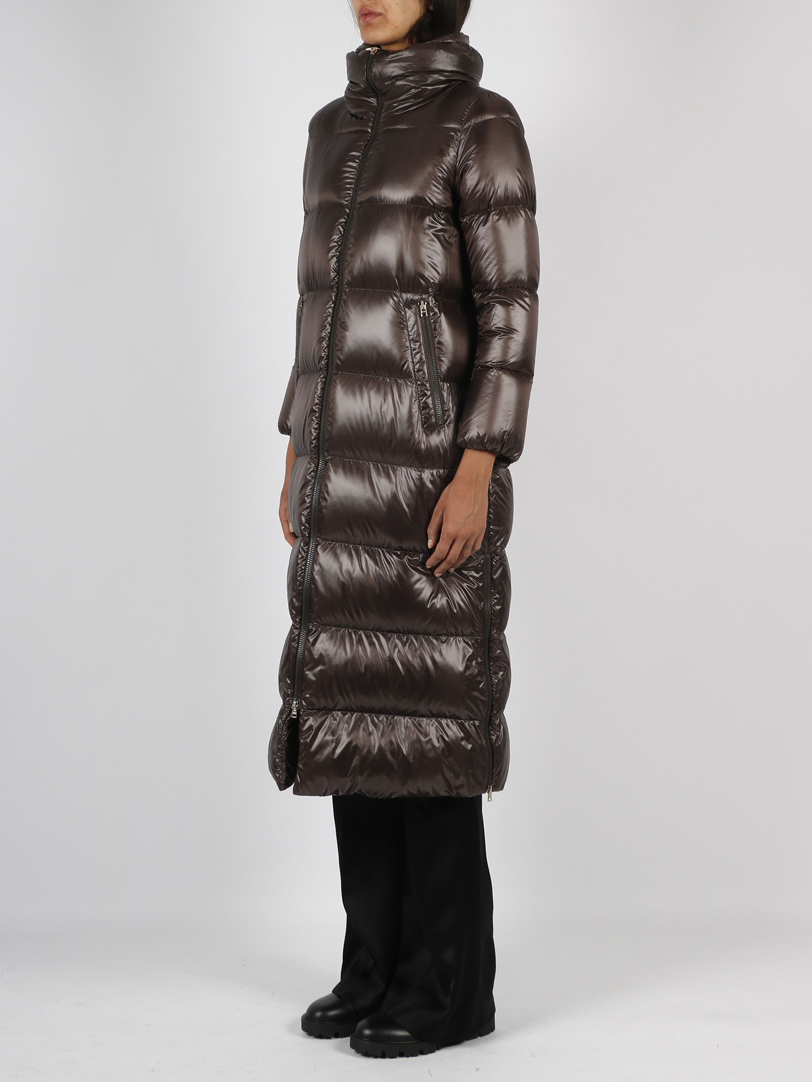 Herno Funnel-neck Quilted Down Midi Coat In Brown