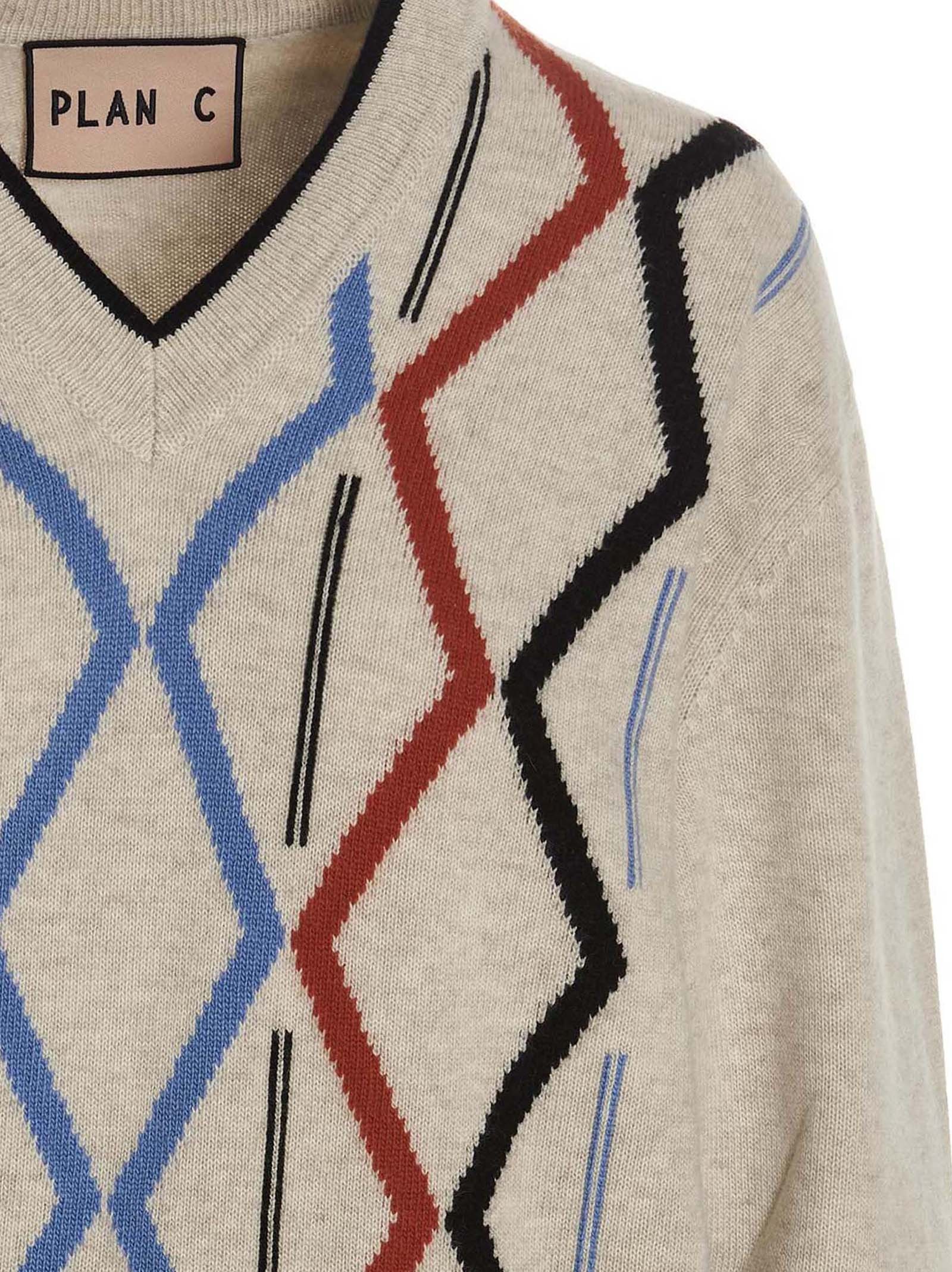 Plan C Geometric Pattern V-neck Knit Sweater In Nude