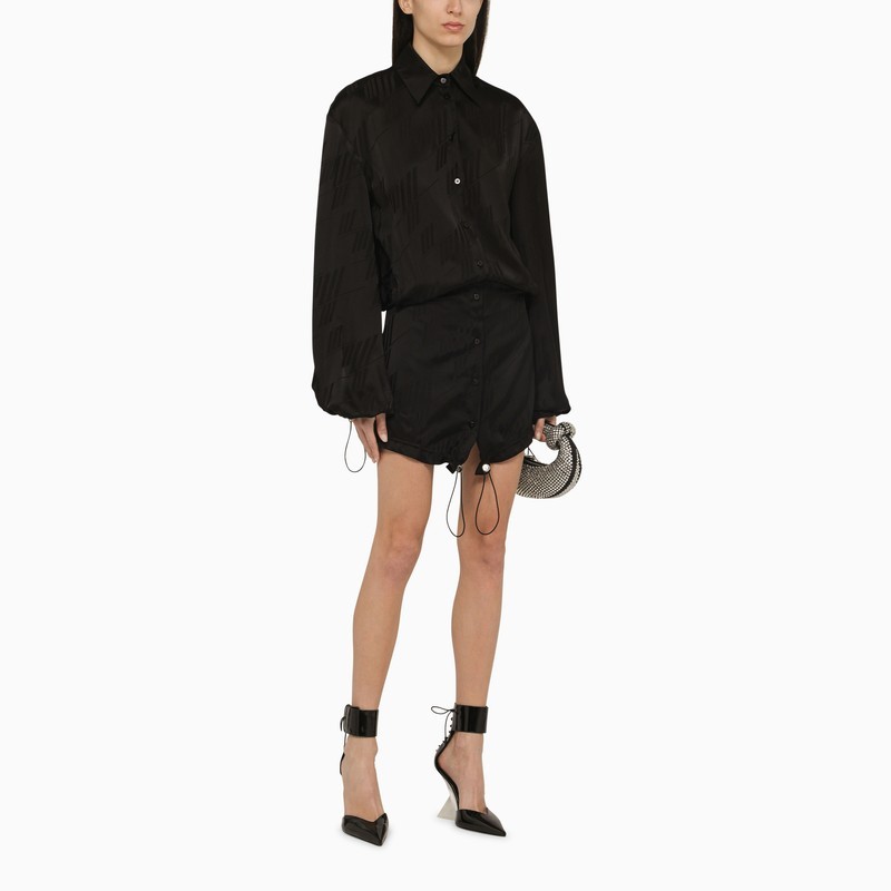 Attico Black Satin Mini Dress With All Over Logo In Black