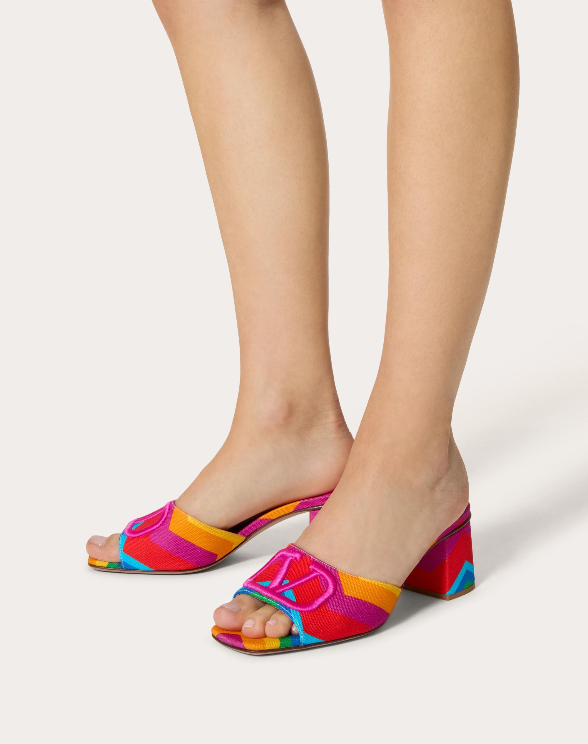 Valentino Garavani Garavani Escape Slide Sandal In Canvas With Chevron Print24 60mm Woman Multicolou In Multicolor/pink