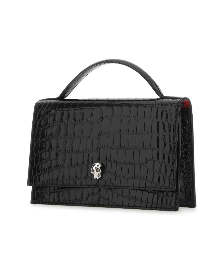 Alexander Mcqueen Medium Skull Croc Embossed Leather Top Handle Bag In Black