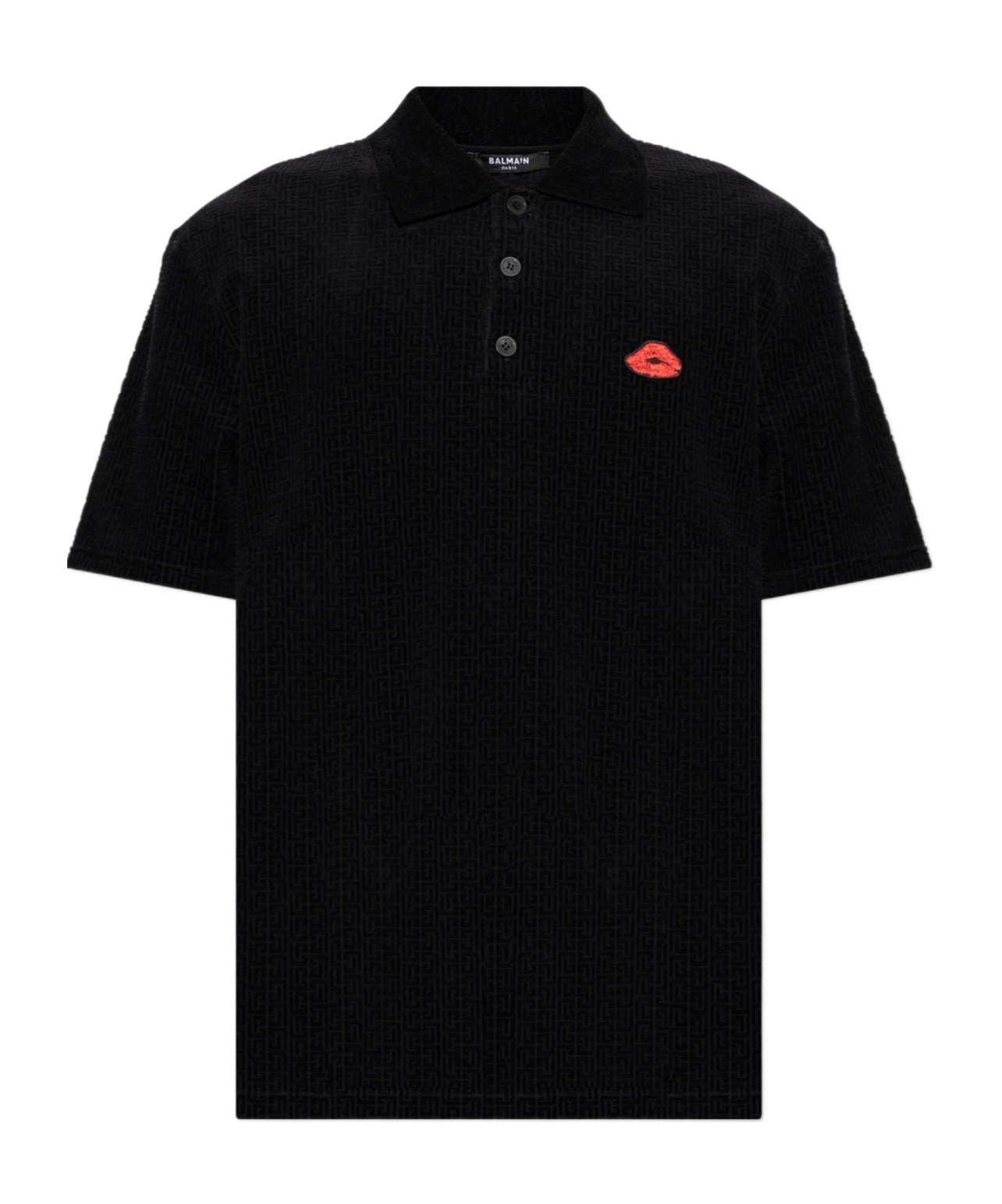 Balmain Lip Motif Collared Polo Shirt In Black