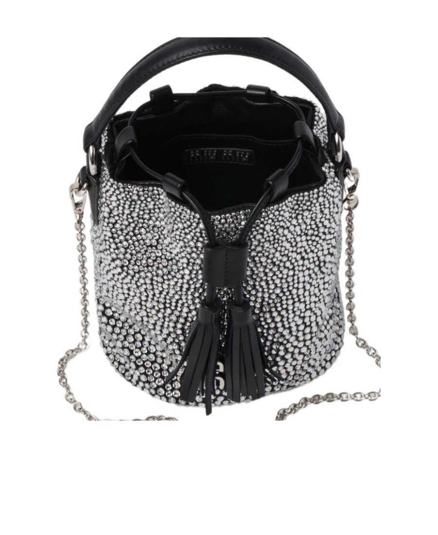 Miu Miu Silver Crystal-embellished Satin Bucket Bag In Black